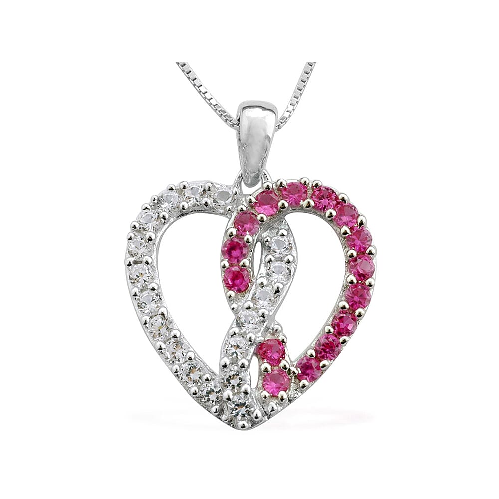 Lab Created White Sapphire and Lab Created Pink Sapphire Pendant Necklace in Sterling Silver