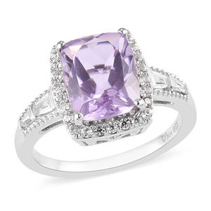 3.40 ctw Rose De France Amethyst and Zircon Halo Ring in Platinum Over Sterling Silver (Size 8.0)