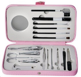 Grooming and Cosmetic Makeup Kit in Pink Faux Leather Snap Case
